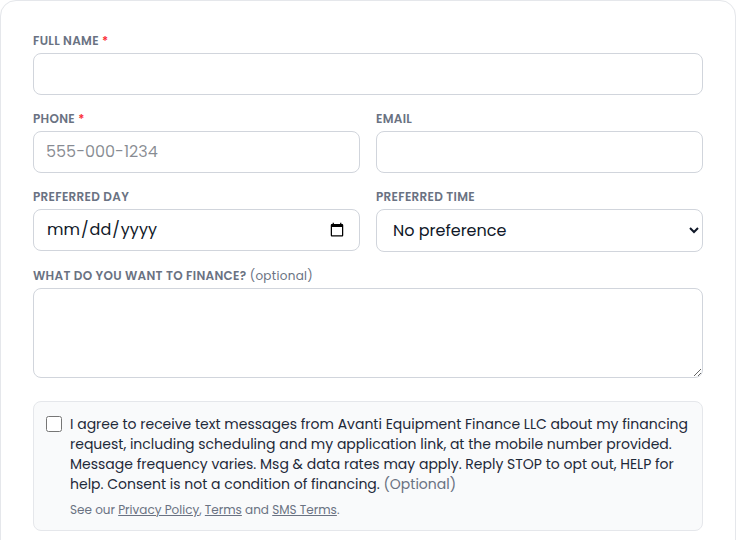 Screenshot of the call-back request form showing the optional text message consent checkbox, unchecked by default